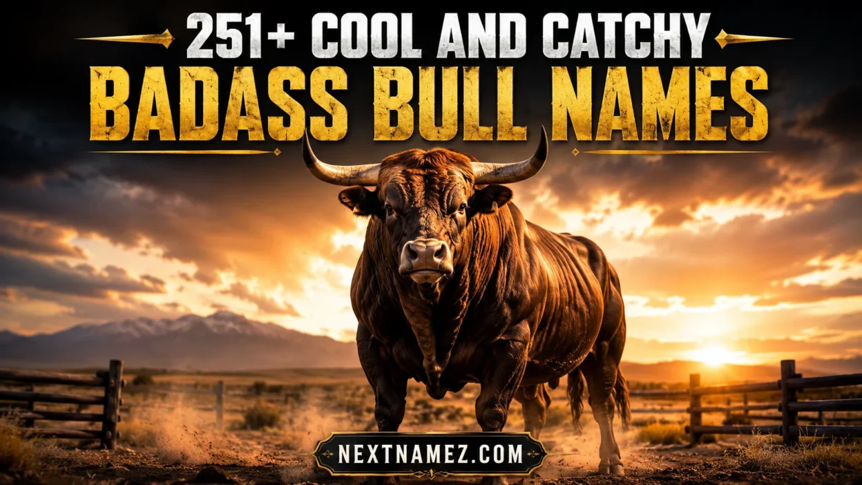 Powerful muscular bull standing in a golden field with bold typography reading “251+ Cool And Catchy Badass Bull Names” and website nextnamez.com