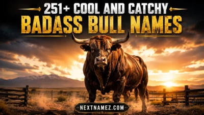 Powerful muscular bull standing in a golden field with bold typography reading “251+ Cool And Catchy Badass Bull Names” and website nextnamez.com