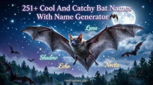 Feature image showing a majestic bat flying under a glowing full moon with fantasy night sky background, titled “251+ Cool And Catchy Bat Names With Name Generator 🦇” with nextnamez.com branding.