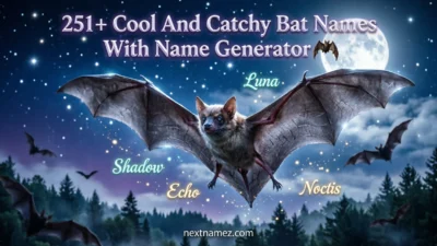 Feature image showing a majestic bat flying under a glowing full moon with fantasy night sky background, titled “251+ Cool And Catchy Bat Names With Name Generator 🦇” with nextnamez.com branding.