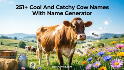 251+ Cool And Catchy Cow Names With Name Generator featuring friendly cows in a green pasture with creative naming inspiration.