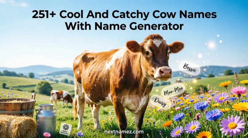 251+ Cool And Catchy Cow Names With Name Generator featuring friendly cows in a green pasture with creative naming inspiration.