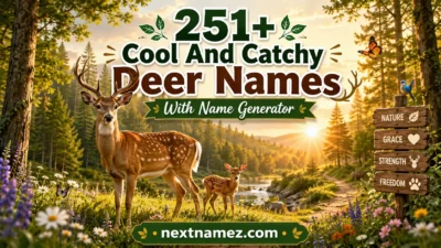 251+ Cool And Catchy Deer Names With Name Generator featuring a majestic deer standing in a forest meadow at sunrise.