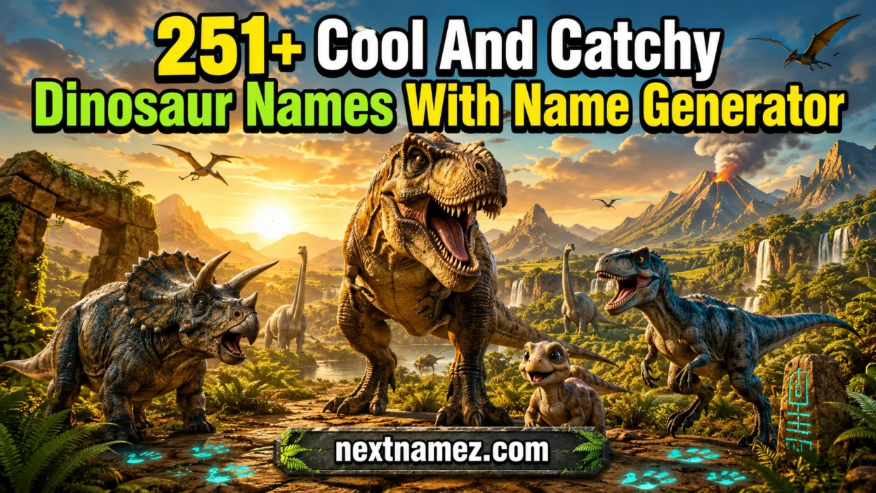 251+ Cool And Catchy Dinosaur Names feature image showing a T-Rex, Velociraptor, Triceratops, and baby dinosaur in a colorful prehistoric landscape.