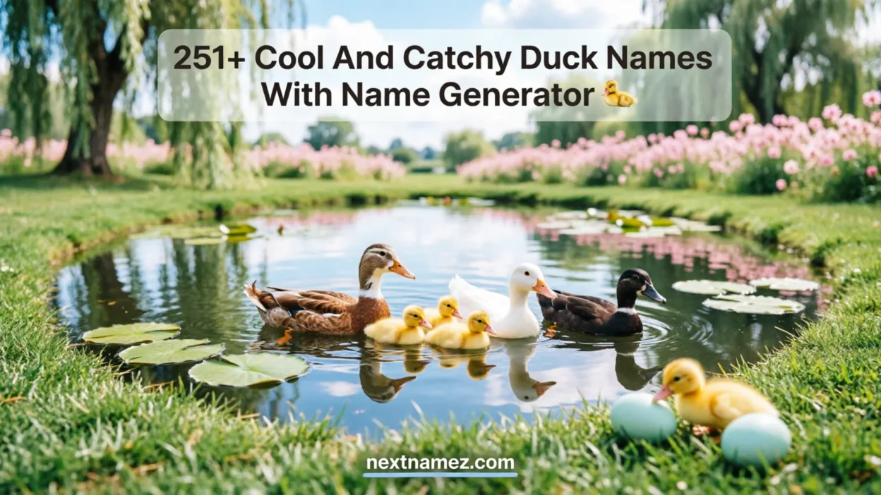 Cute ducks and ducklings by a pond representing 251+ cool and catchy duck names with a name generator guide.