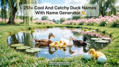 Cute ducks and ducklings by a pond representing 251+ cool and catchy duck names with a name generator guide.
