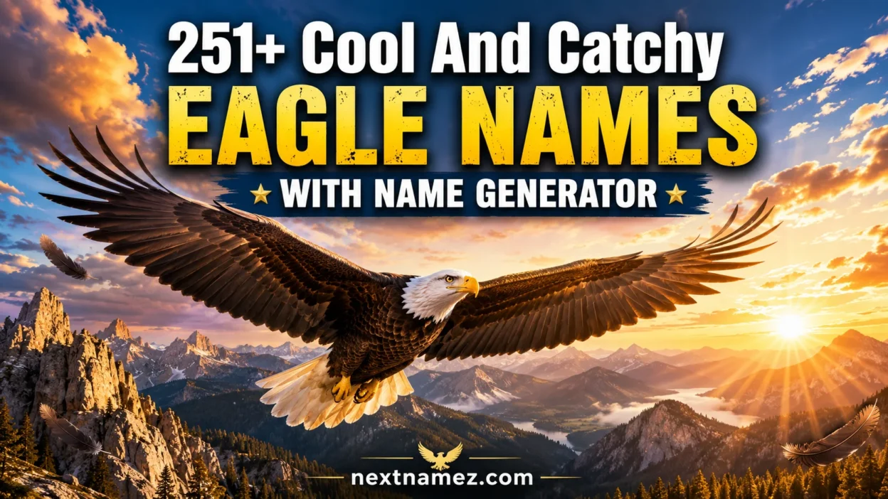 Majestic eagle soaring above mountains at sunrise with 251+ Cool And Catchy Eagle Names With Name Generator title banner.