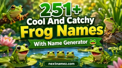 A colorful featured blog image showing cute frogs on lily pads in a pond with greenery, titled “251+ Cool And Catchy Frog Names With Name Generator” and website nextnamez.com at the bottom.