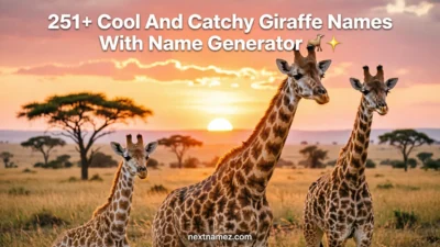 Beautiful African savanna scene with cute giraffes at sunset featuring blog title “251+ Cool And Catchy Giraffe Names With Name Generator” and website nextnamez.com