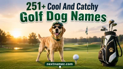 A stylish dog standing on a green golf course with golf equipment, representing golf-inspired dog names in a cinematic sunrise setting.