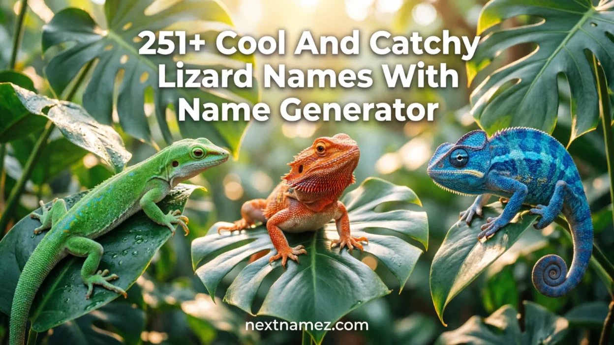 Colorful lizards including gecko and bearded dragon in a tropical nature scene representing 251+ cool and catchy lizard names blog feature image.