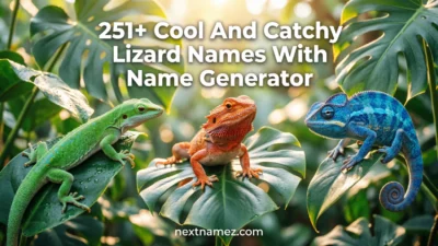 Colorful lizards including gecko and bearded dragon in a tropical nature scene representing 251+ cool and catchy lizard names blog feature image.