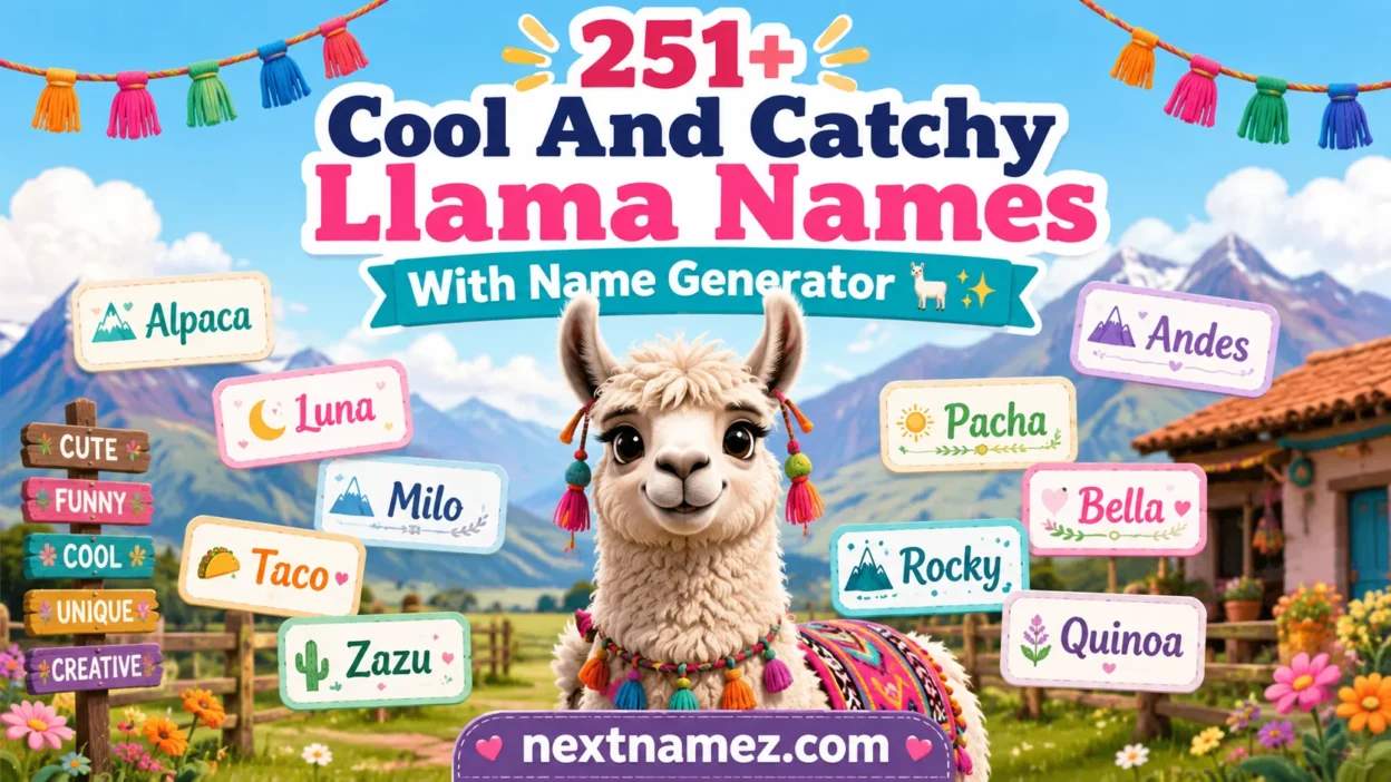 Cute fluffy llama illustration with floating name cards and bold title “251+ Cool And Catchy Llama Names With Name Generator” for SEO blog feature image, nextnamez.com branding.