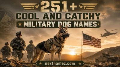 Military dog standing heroically in tactical setting with title “251+ Cool And Catchy Military Dog Names” and website nextnamez.com