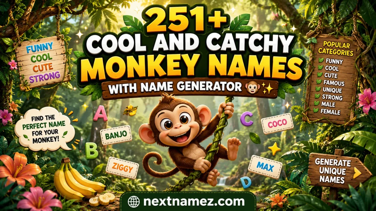 Cute monkey swinging through a tropical jungle for the blog 251+ Cool And Catchy Monkey Names With Name Generator.