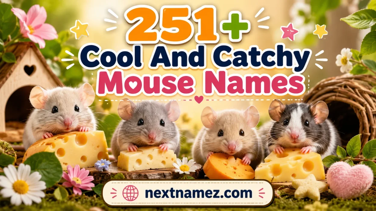 Cute pet mice illustration featuring a SEO blog banner titled “251+ Cool And Catchy Mouse Names” with playful nature and cheese-themed background for a pet naming guide article.