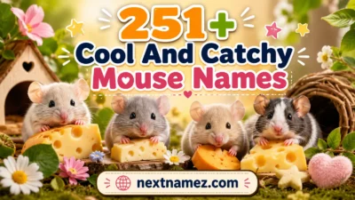 Cute pet mice illustration featuring a SEO blog banner titled “251+ Cool And Catchy Mouse Names” with playful nature and cheese-themed background for a pet naming guide article.