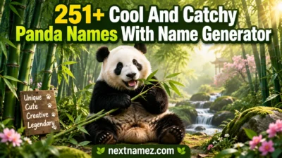 Cute giant panda sitting in a bamboo forest featured on a blog about 251+ cool and catchy panda names with name generator.
