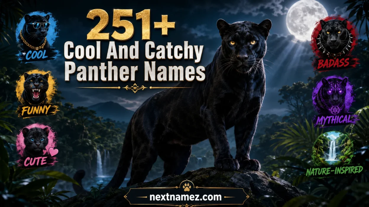 Majestic black panther with powerful stance surrounded by jungle scenery representing cool, catchy, funny, cute, and unique panther names.