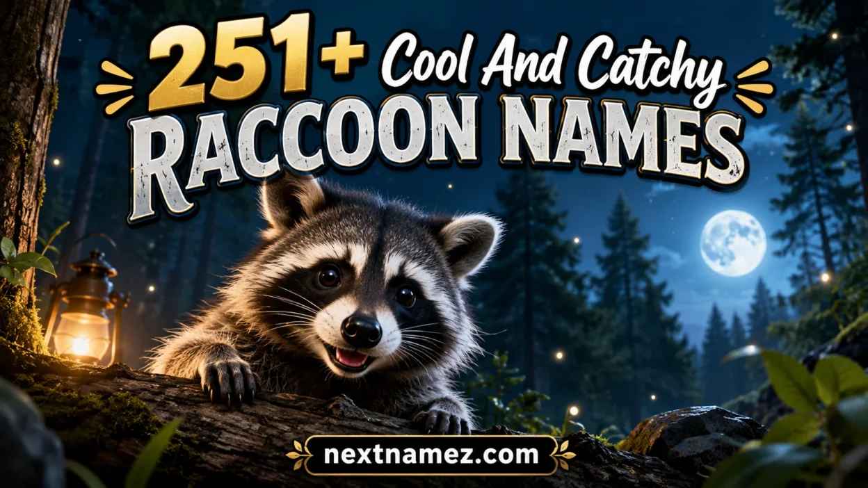 Ultra-realistic raccoon in a magical forest setting representing 251+ cool and catchy raccoon names blog banner.