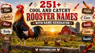 251+ cool and catchy rooster names with a colorful rooster standing on a farm at sunrise alongside creative naming ideas