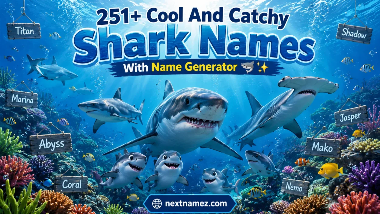 251+ Cool And Catchy Shark Names blog banner featuring reef sharks, baby sharks, and colorful coral reefs in a vibrant underwater ocean scene.