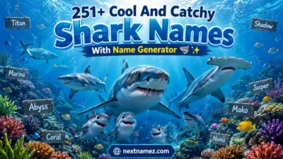 251+ Cool And Catchy Shark Names blog banner featuring reef sharks, baby sharks, and colorful coral reefs in a vibrant underwater ocean scene.