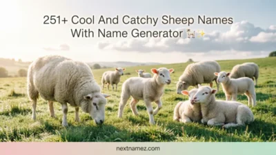 Fluffy sheep and baby lambs in a green meadow with text “251+ Cool And Catchy Sheep Names With Name Generator” and website nextnamez.com, SEO blog banner design.