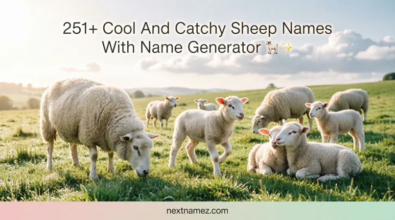 Fluffy sheep and baby lambs in a green meadow with text “251+ Cool And Catchy Sheep Names With Name Generator” and website nextnamez.com, SEO blog banner design.