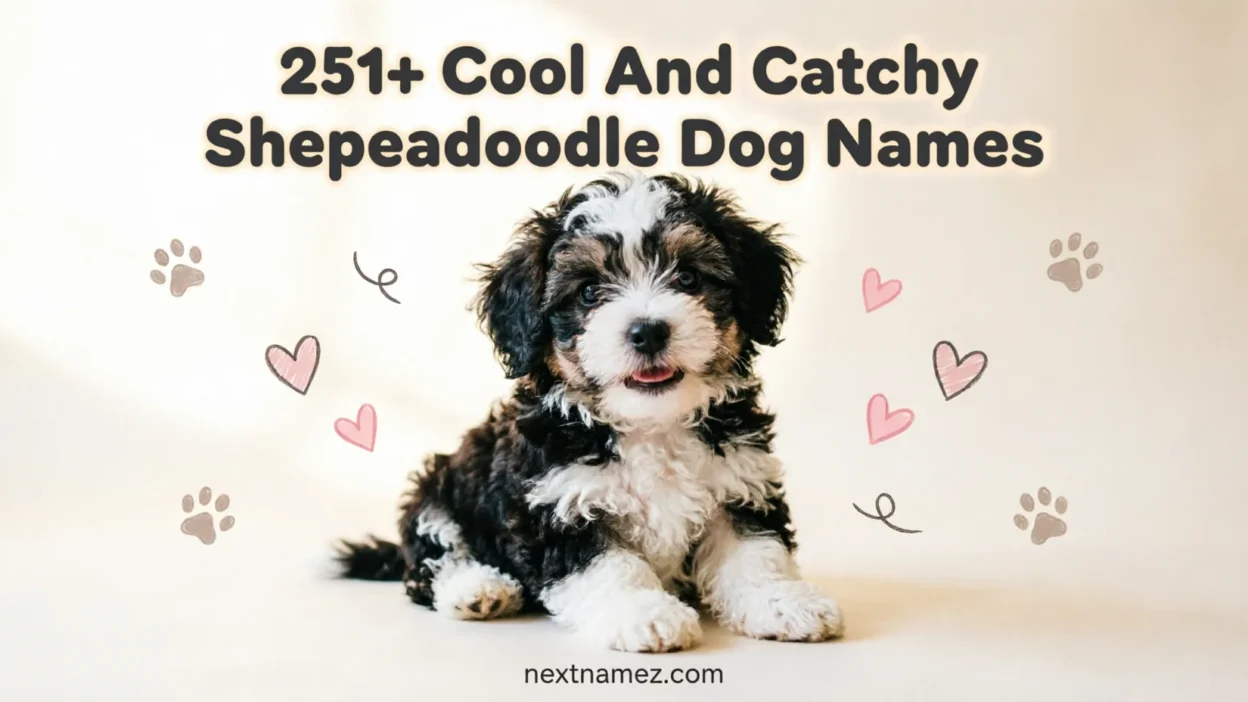 Cute fluffy Sheepadoodle puppy sitting on a soft pastel background with playful design elements, representing 251+ cool and catchy Sheepadoodle dog names blog.