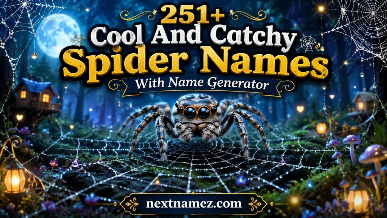 251+ Cool And Catchy Spider Names With Name Generator featured image showing a detailed spider on a glowing web in a magical forest.