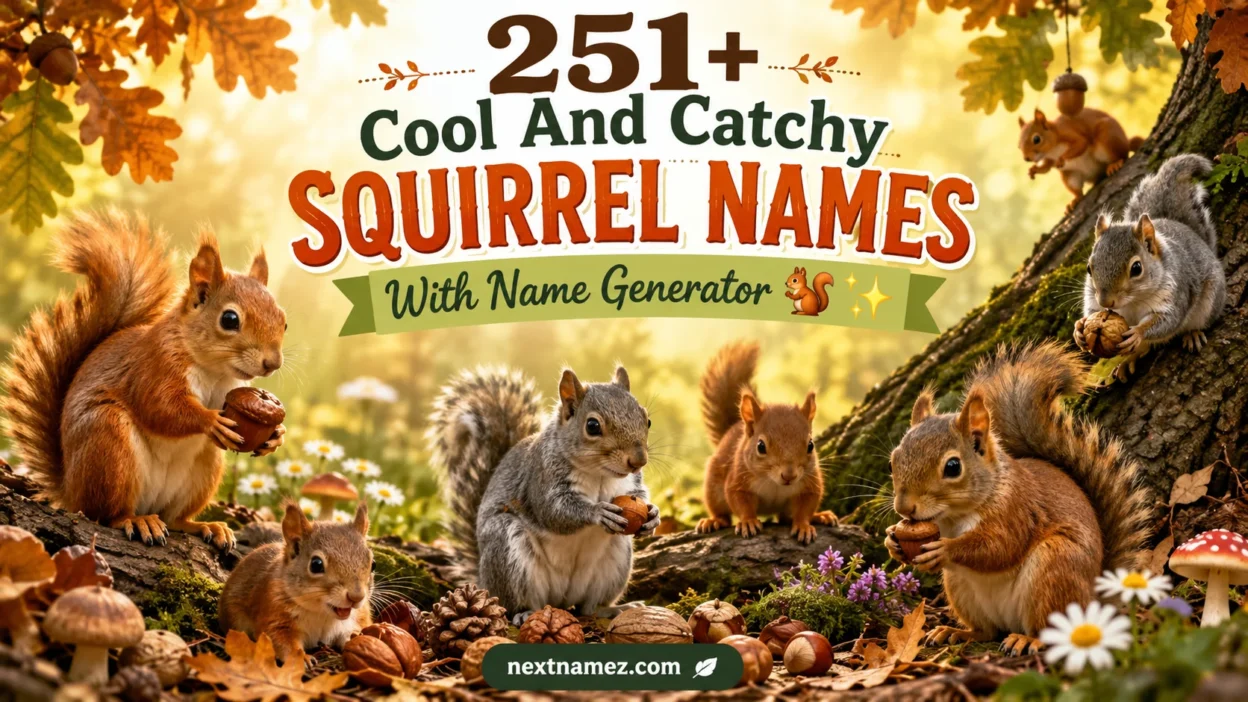 Adorable squirrels playing in a woodland forest for a blog titled "251+ Cool And Catchy Squirrel Names With Name Generator" featuring acorns, trees, and fluffy-tailed squirrels.