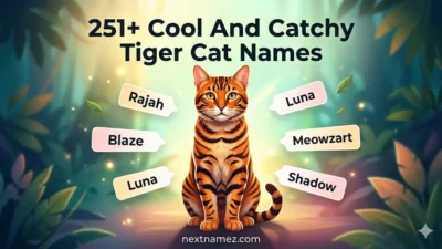 Tiger striped cat sitting proudly in jungle-themed background with floating name tags representing cool, funny, cute, and unique tiger cat names, designed as a blog feature image for naming ideas article.