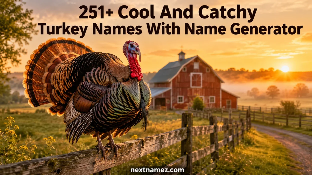 A colorful turkey standing on a farm fence during sunrise with a rustic barn in the background, representing a blog about 251+ cool and catchy turkey names.