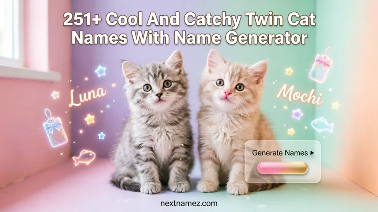 Two cute twin kittens sitting together in a cozy creative setting representing twin cat name ideas and a name generator concept.