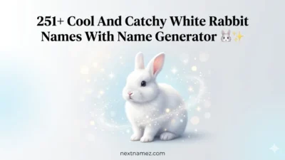 White fluffy rabbit sitting in a soft pastel magical background with text “251+ Cool And Catchy White Rabbit Names With Name Generator” and website nextnamez.com