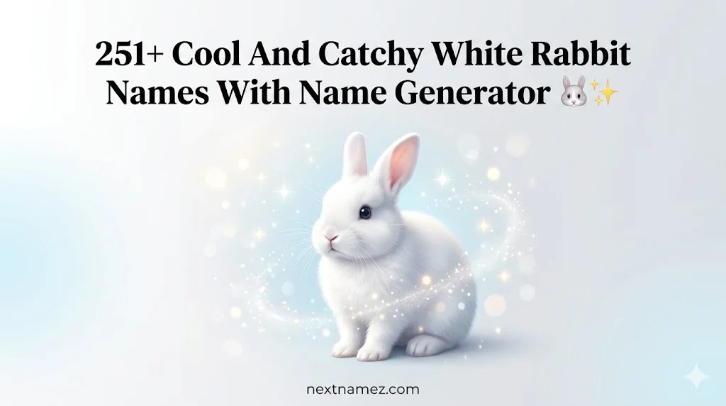 White fluffy rabbit sitting in a soft pastel magical background with text “251+ Cool And Catchy White Rabbit Names With Name Generator” and website nextnamez.com