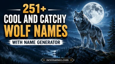 251+ Cool And Catchy Wolf Names With Name Generator featuring a majestic wolf under a full moon in a wilderness landscape.
