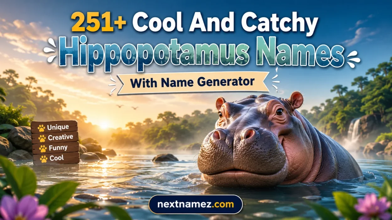 Adorable hippopotamus in a peaceful river environment with a modern SEO blog banner design titled “251+ Cool And Catchy Hippopotamus Names With Name Generator” and website nextnamez.com.