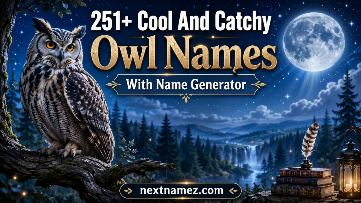 251+ Cool And Catchy Owl Names With Name Generator featuring a majestic owl in a moonlit forest with creative owl naming inspiration.