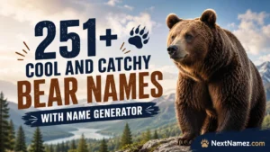 251+ Cool And Catchy Bear Names With Name Generator featured image with a brown bear in a mountain landscape and NextNamez.com branding.