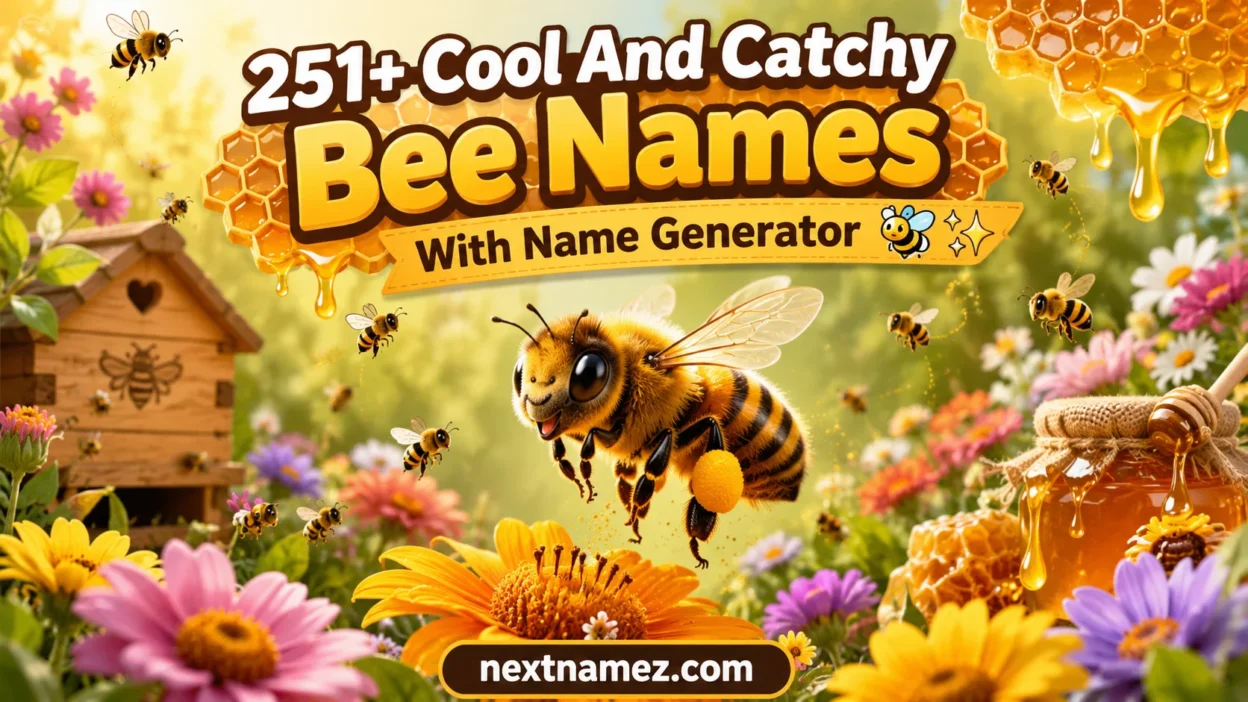Cute honeybee flying over colorful flowers with 251+ Cool And Catchy Bee Names With Name Generator title and nextnamez.com branding.