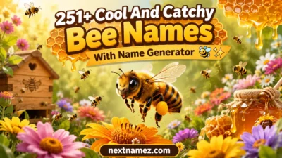 Cute honeybee flying over colorful flowers with 251+ Cool And Catchy Bee Names With Name Generator title and nextnamez.com branding.