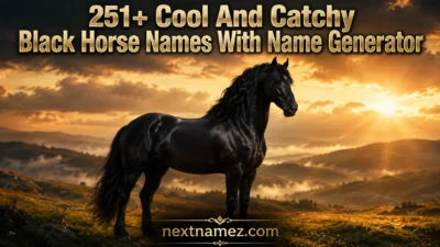 Majestic black horse standing in a golden field with cinematic lighting and blog title text for black horse names inspiration.