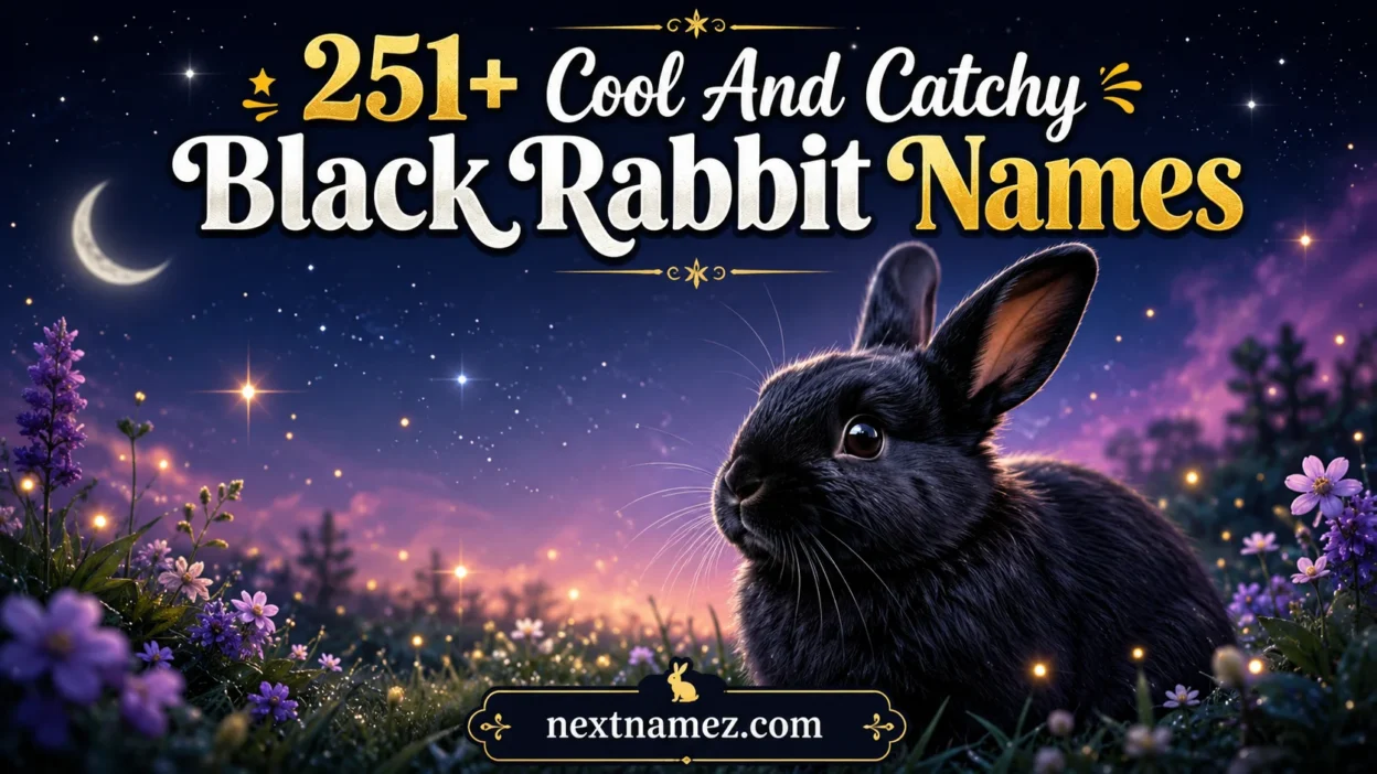 Black rabbit sitting in a magical night-themed background with text “251+ Cool And Catchy Black Rabbit Names” and website nextnamez.com