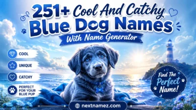 Adorable blue-coated puppy sitting under a dreamy sky background with text “251+ Cool And Catchy Blue Dog Names With Name Generator” and website nextnamez.com.