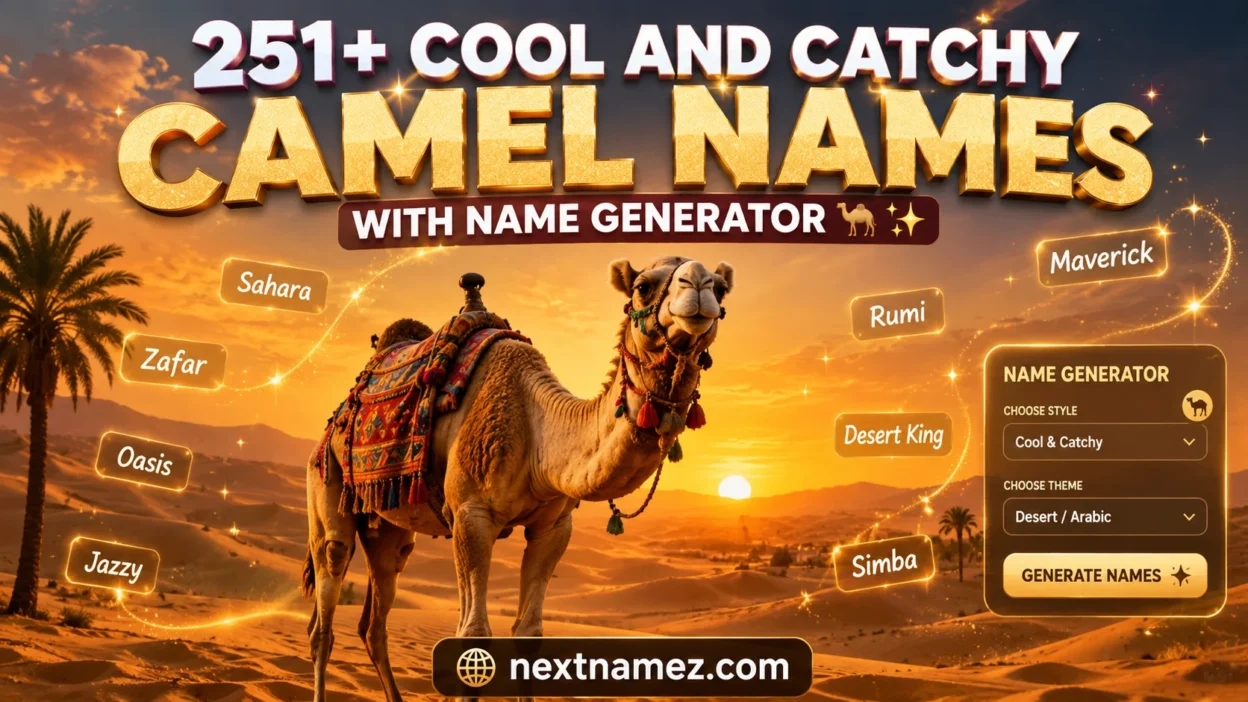 Cool and catchy camel names blog feature image showing a camel in a golden desert with creative naming elements and title text.