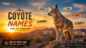 Wild coyote surrounded by creative coyote names including Shadow, Luna, Blaze, and Scout in a desert landscape for a coyote names guide on NextNamez.