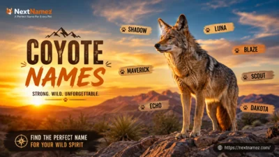 Wild coyote surrounded by creative coyote names including Shadow, Luna, Blaze, and Scout in a desert landscape for a coyote names guide on NextNamez.