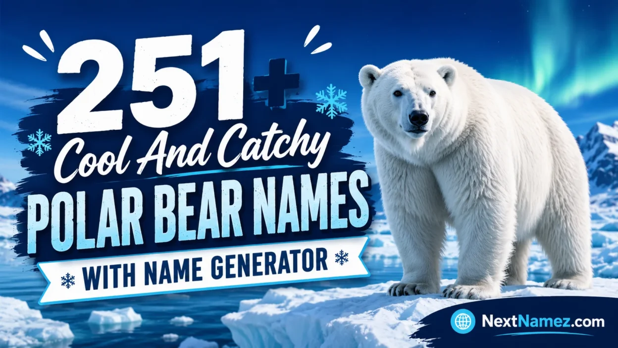 251+ Cool And Catchy Polar Bear Names With Name Generator featured image showing a polar bear standing on Arctic ice with snowy mountains and NextNamez.com branding.